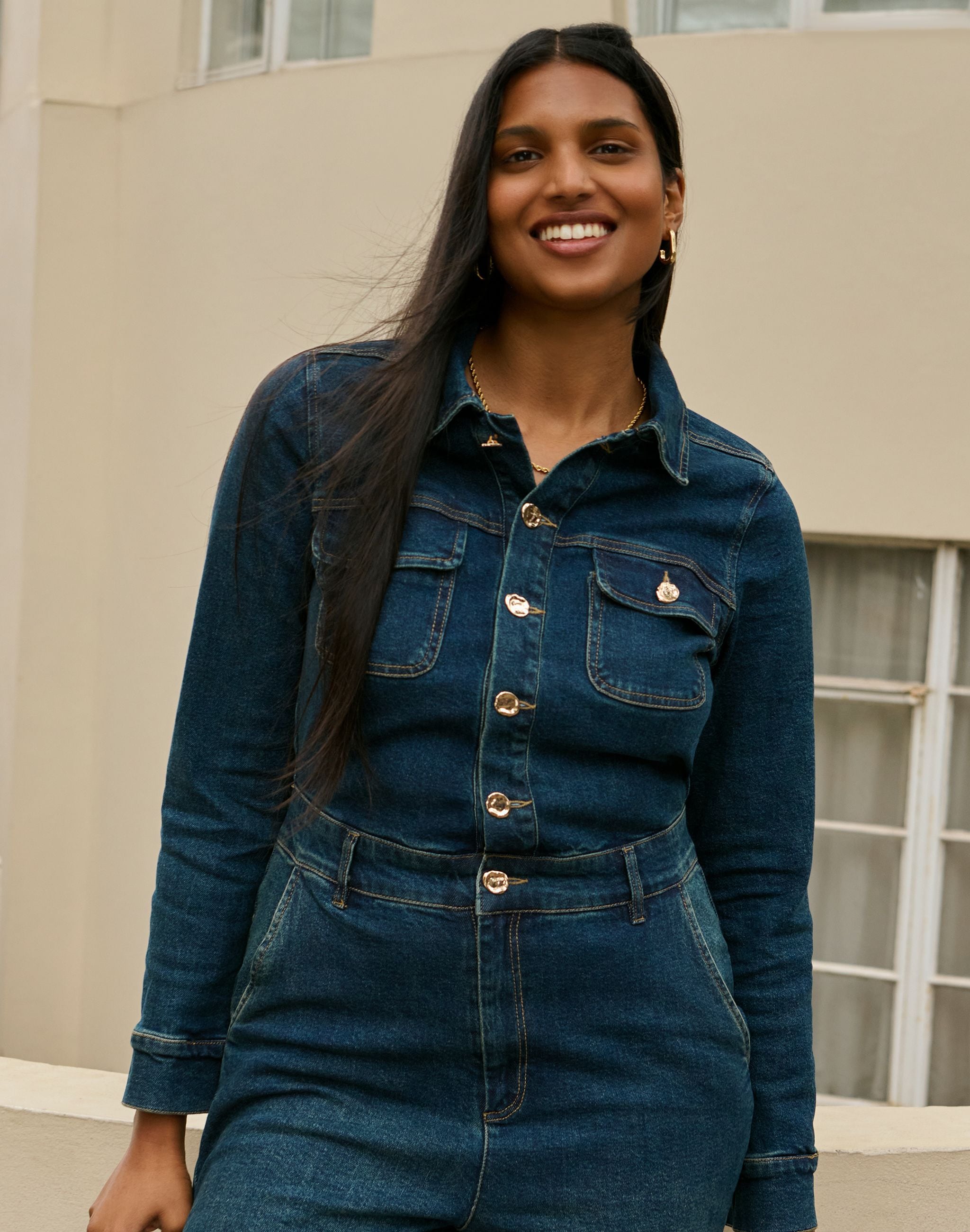 Model wears Dark Wash Wide Leg Stretch Denim Boiler