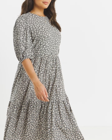 Mono Ditsy Print Tiered Midi Dress