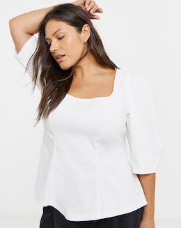White Stretch Fit and Flare Peplum Top