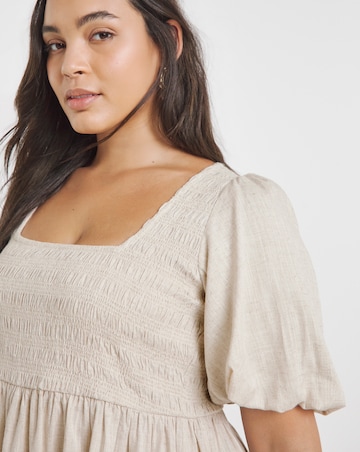 Natural Shirred Linen Blend Skater Dress