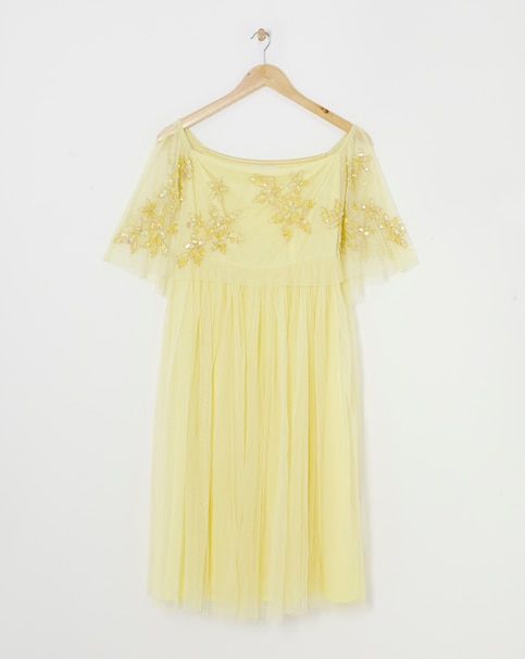 Maya Curve Bardot Floral Sequin Embroidered Tulle Midi Dress