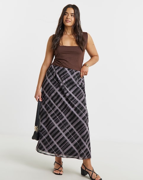 Mono Check Print Chiffon Midaxi Skirt