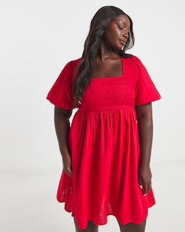 Red Shirred Linen Blend Skater Dress