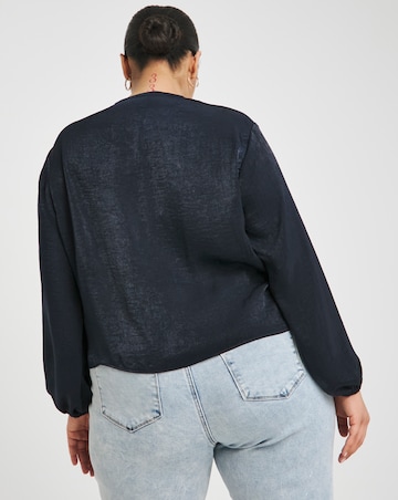 Simply Be Navy Knot Front Velvet Satin Long Sleeve Blouse