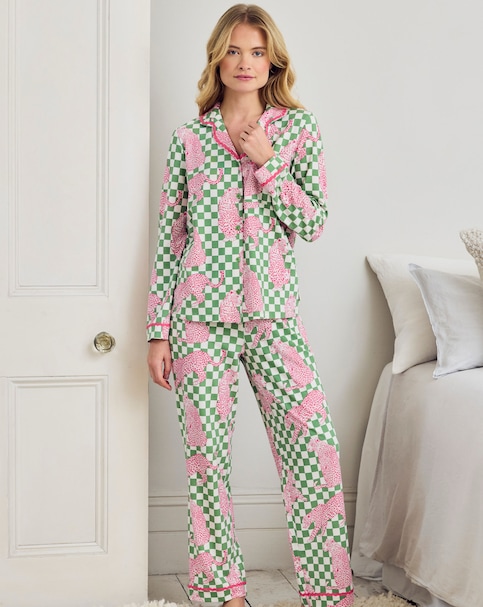 Chelsea Peers Organic Cotton Classic Pyjama Set Checkerboard Leopards Print