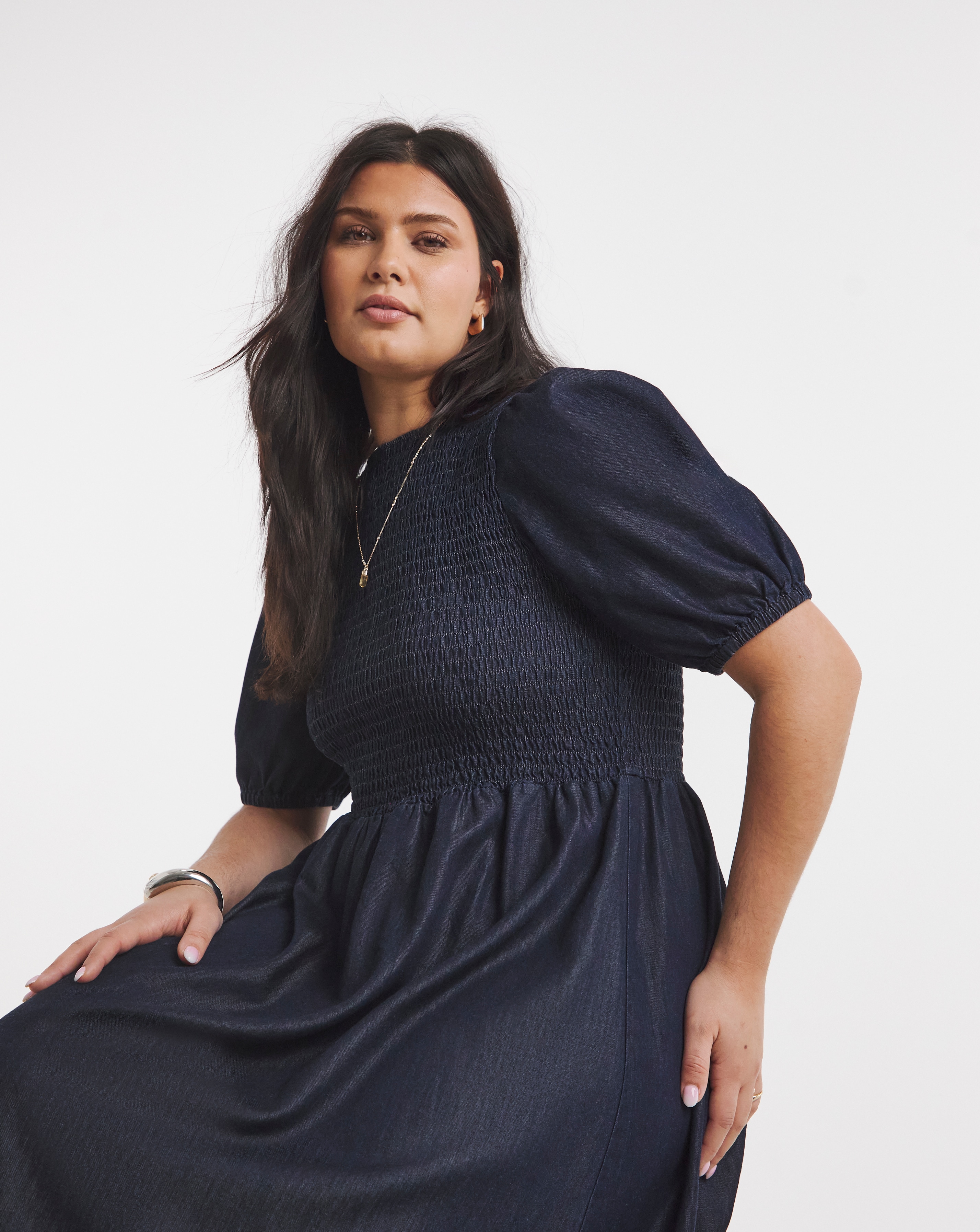 Simply Be Indigo Denim Soleil Shirred Short Sleeve Midaxi Dress