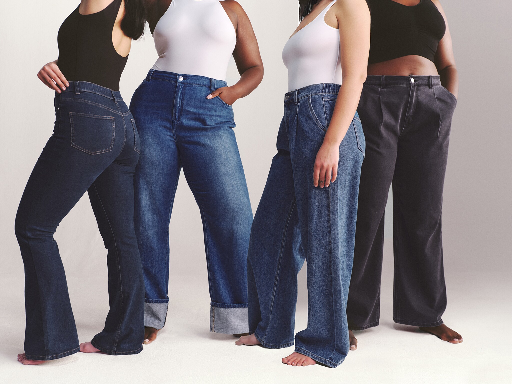 Models wear various new season jeans shapes