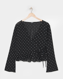Simply Be Mono Spot Sheer Wrap Long Sleeve Blouse