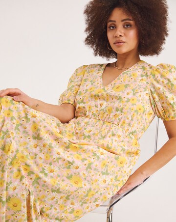 Floral Print Puff Sleeve Frill Hem Maxi Dress