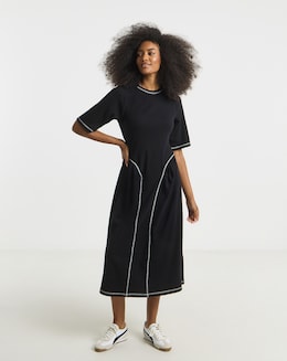 Black Contrast Seam Waist Detail Midi Dress