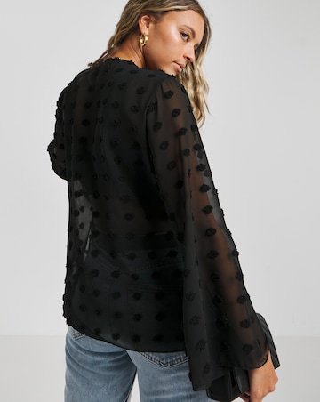 Black Oversized Dobby Wrap Long Sleeve Blouse