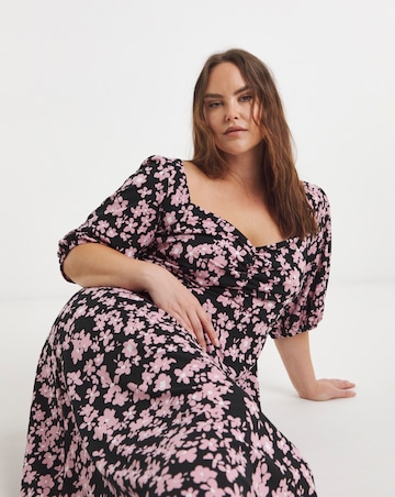 Floral Print Sweetheart Neck Midi Dress