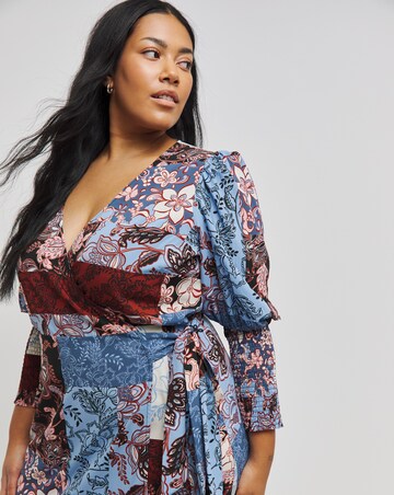 Mixed Print Shirred Sleeve Wrap Midi Dress