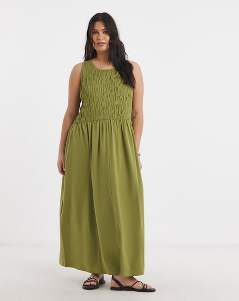 Olive Green Shirred Jersey Midi Dress