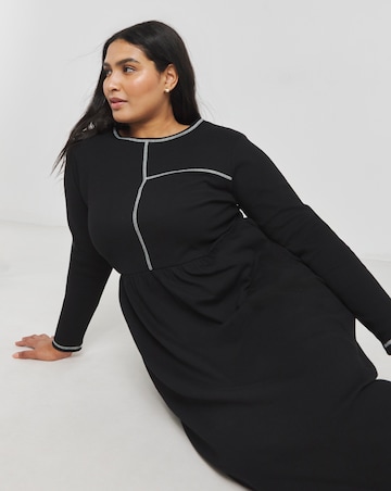 Black Ribbed Contrast Seam Midi Dress With Pockets