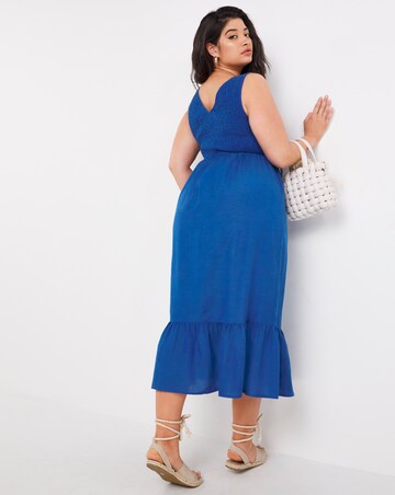 Blue Shirred Linen Midi Dress