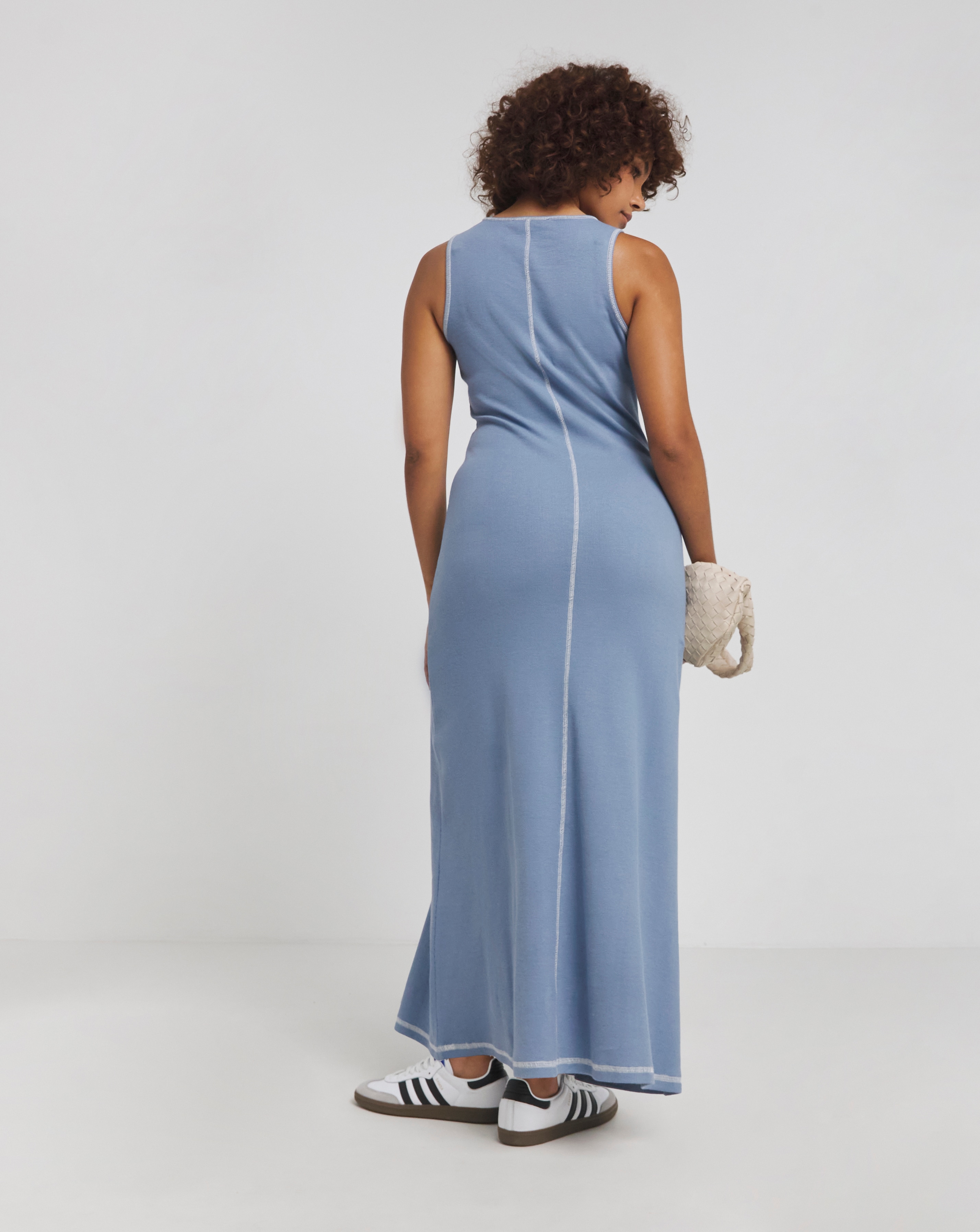 Blue Sleeveless Contrast Seam Midaxi Racer Dress With Ecru