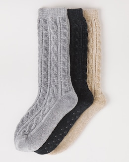 (3 Pair Pack) Thermal Cable Knit Fleece Slipper Socks Black/Beige/Grey