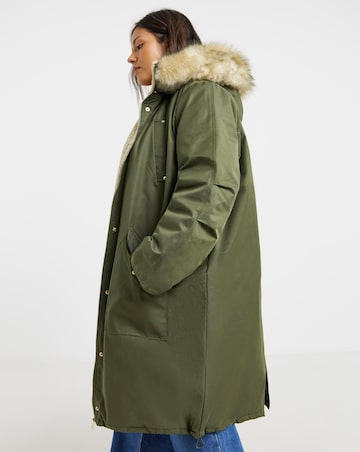 Khaki Hooded Fur Trimmed Parka