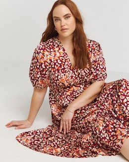 Lovedrobe Animal Print Tiered Hem Puff Sleeve Midi Dress