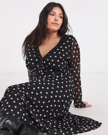 Mono Spot Print Mesh Lace Trim Midi Dress