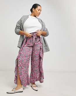Ditsy Print Tie Ruffle Front Split Trousers