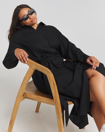 Black Tie Waist Long Sleeve Midi Shirt Dress