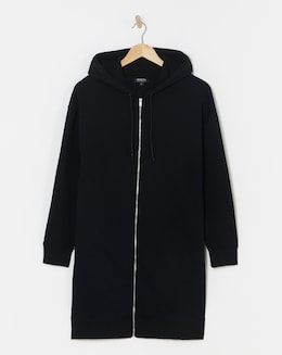 Basic Black Zip Through Longline Tunic Hoodie