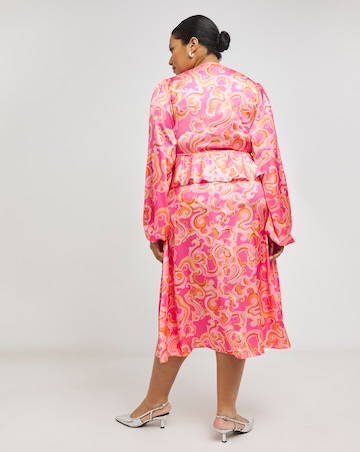 Retro Print Satin Ruffle Midi Dress