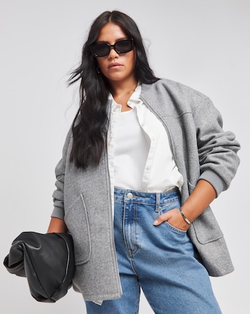 Grey Marl Faux Wool Zip Through Bomber Jacket