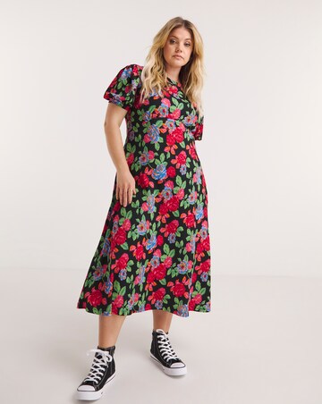 Floral Print Waffle Puff Sleeve A Line Midi Dress