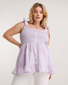 Lilac Shirred Button Through Poplin Cami with Shoulder Tie