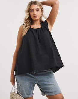 Black Shirred Strap Poplin Cami