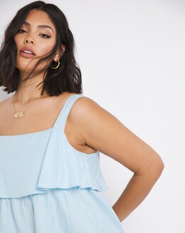 Blue Linen Frill Detail Vest Top