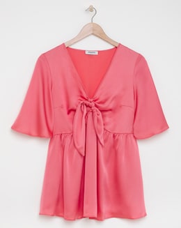 Coral Satin Knot Front Angel Sleeve Blouse