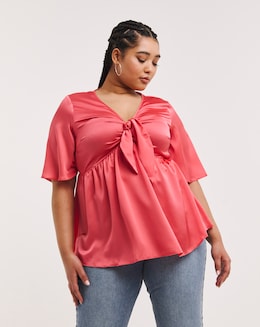 Coral Satin Knot Front Angel Sleeve Blouse
