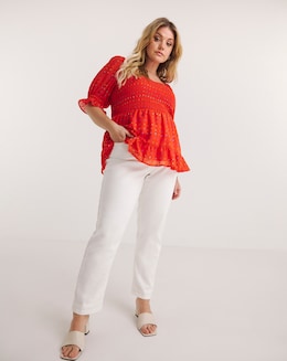 Tomato Red Sweetheart Neck Shirred Peplum Top with Rainbow Foil