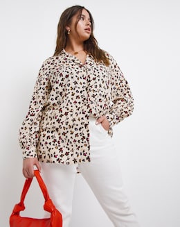 Animal Floral Dipped Back Viscose Shirt with Shirred Cuffs