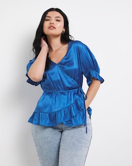 Blue Satin Wrap Top