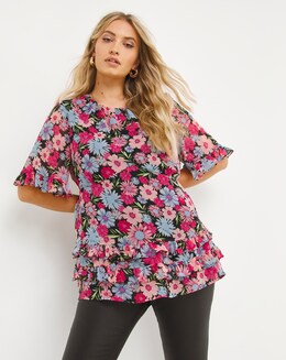 Pink Floral Frill Detail Short Sleeve Top