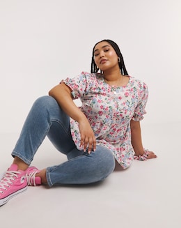 Ditsy Floral Print Tiered Smock Top &amp; Matching Scrunchie