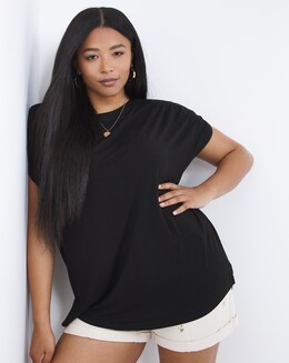 Black Ruched Shoulder Short Sleeve Tunic