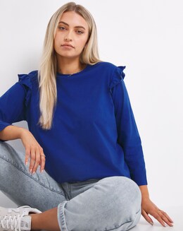 Blue Cotton Long Sleeve Frill Shoulder Top