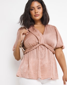 Dark Blush Pink Velvet Satin Twist Front Blouse