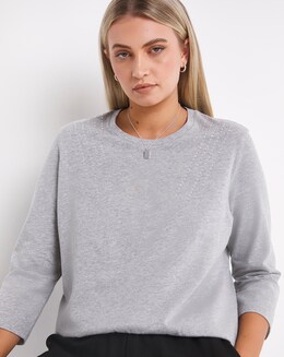 Grey Marl Cotton Three Quarter Sleeve Stud Shoulder Top
