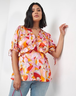 Retro Floral Print Satin Ruffle Front Blouse