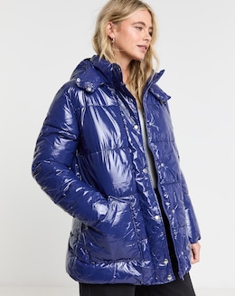 Mid Length High Shine Padded Coat and Hood