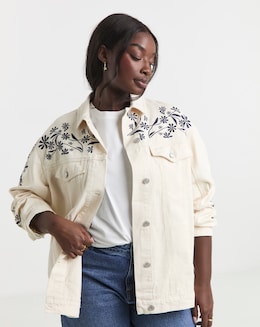 Ecru Floral Embroidered Denim Boyfriend Jacket