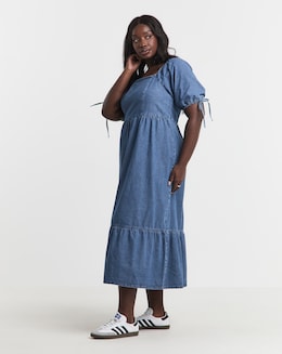 Mid Wash Midi Shirred Denim Smock Dress