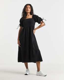 Black Midi Shirred Denim Smock Dress